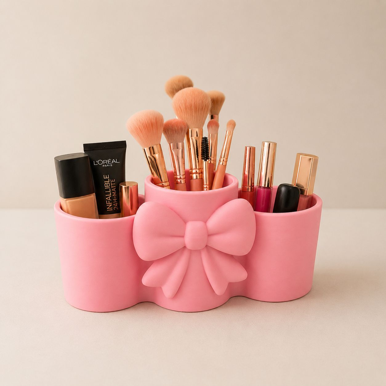 3D Printed Bow Makeup Organizer | Pink Vanity, Desk, Bathroom Storage Holder