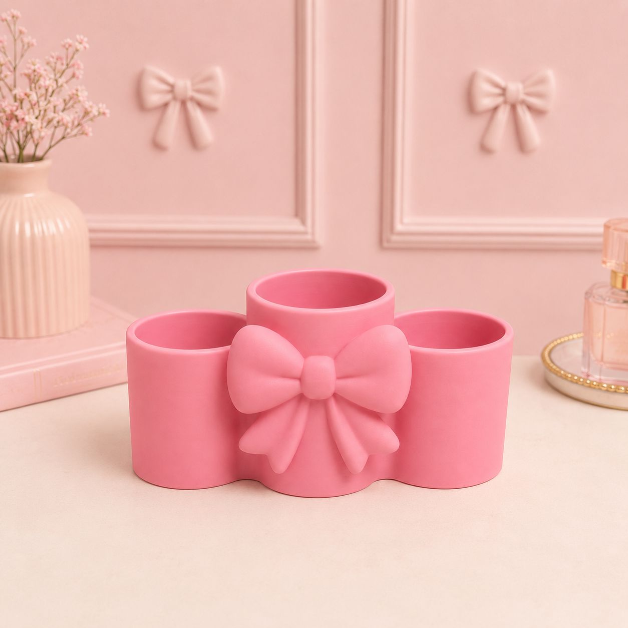 3D Printed Bow Makeup Organizer | Pink Vanity, Desk, Bathroom Storage Holder