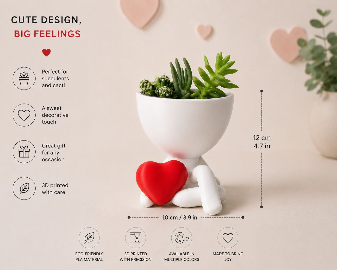 Heart Hug Planter | 3D Printed Succulent Pot, Modern Home Decor
