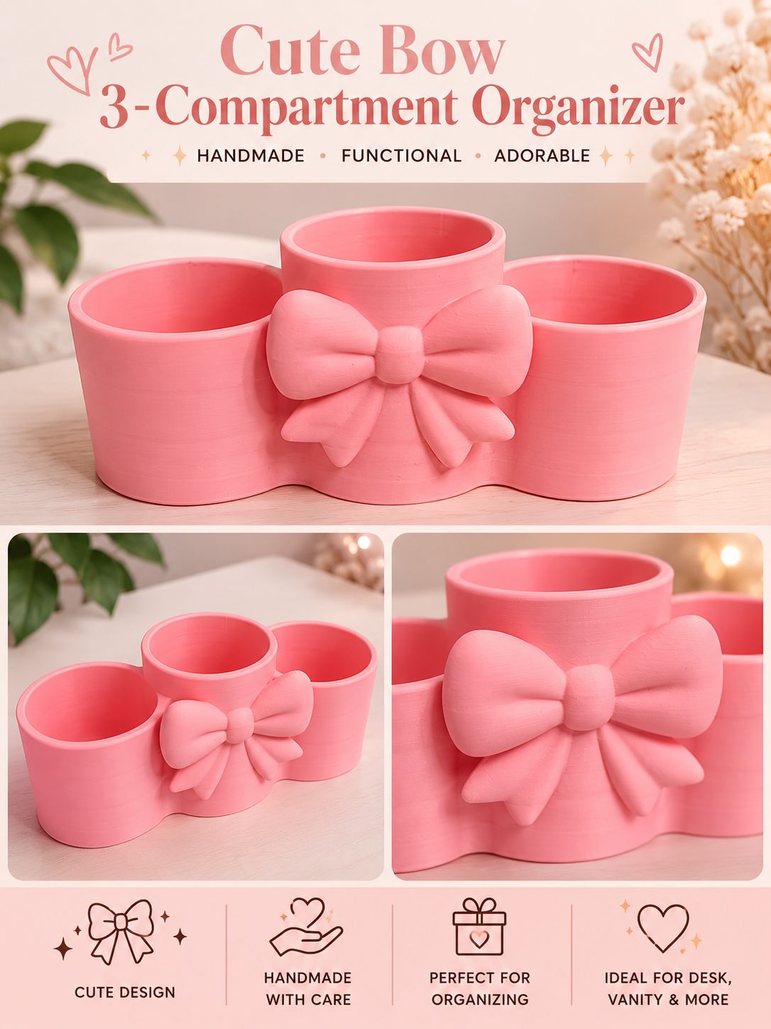 3D Printed Bow Makeup Organizer | Pink Vanity, Desk, Bathroom Storage Holder